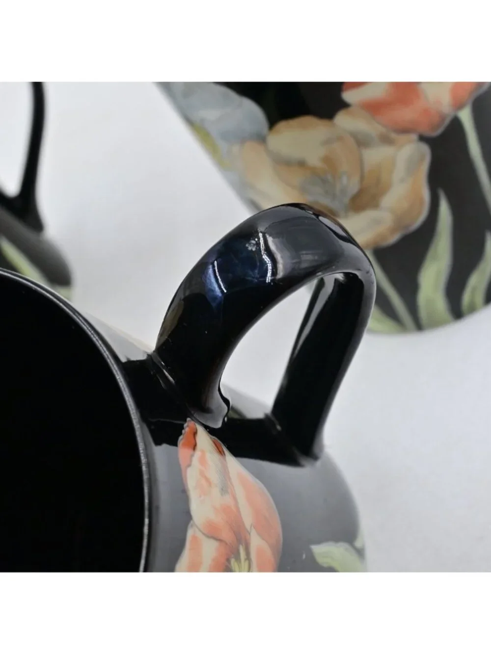 Fitz & Floyd Midnight Poppy Black Ceramic Floral Coffee Mugs Set Of 4